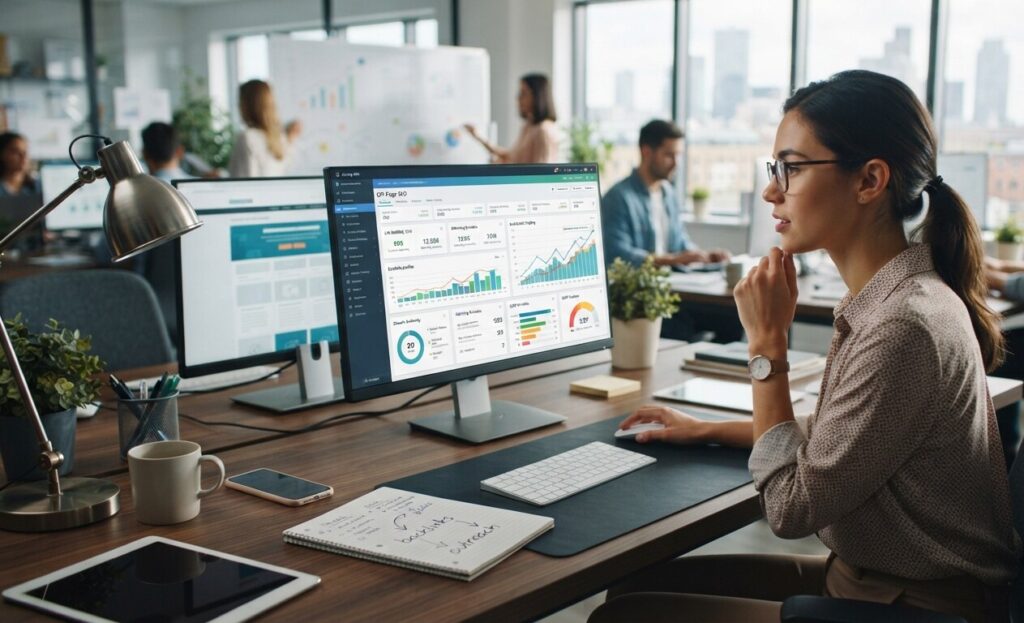girl is working on off page seo in office